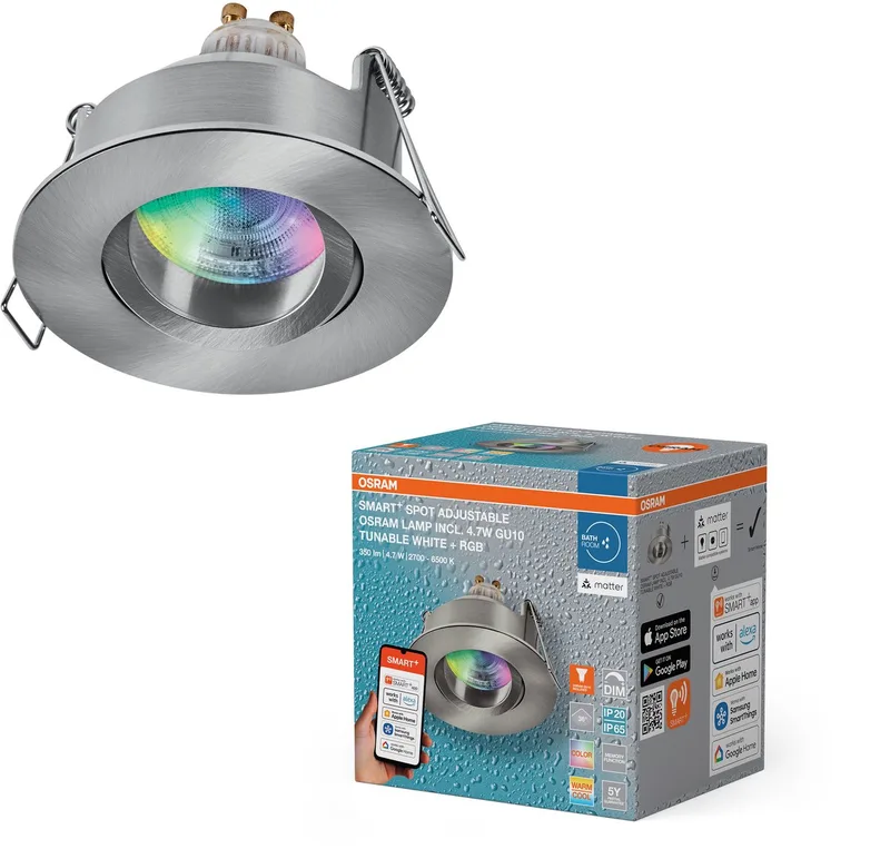 Matter Spot LED inbouwspot IP65 RGBW Verstelbaar satijnnikkel, 4,7W Smart Home, dimbaar, app-bediening fra OSRAM SMART+ i Satijn nikkel – produktbillede
