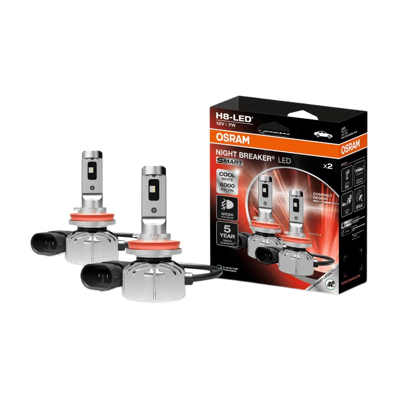 NIGHT BREAKER LED SMART H8, straatlegale LED-nevelampen, breder nevelampenbundel, 6000 K, 2 lampen van OSRAM SMART+ – productfoto