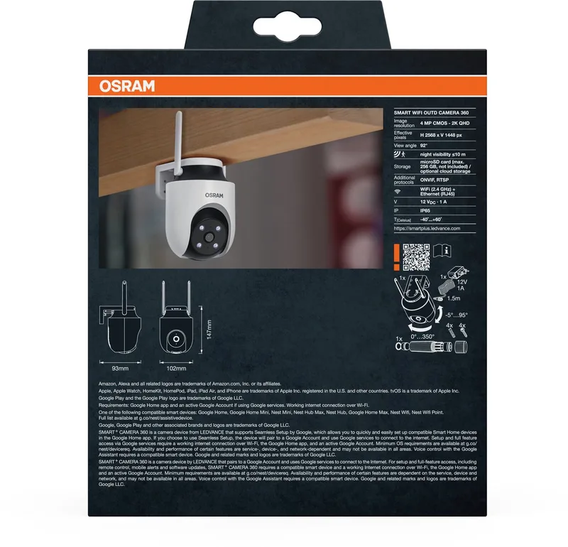 WiFi buitencamera 360° 4MP 2K IP65, pan-tilt, nachtzicht 10m, Alexa-compatibel, buiten by OSRAM SMART+ in White – product photo