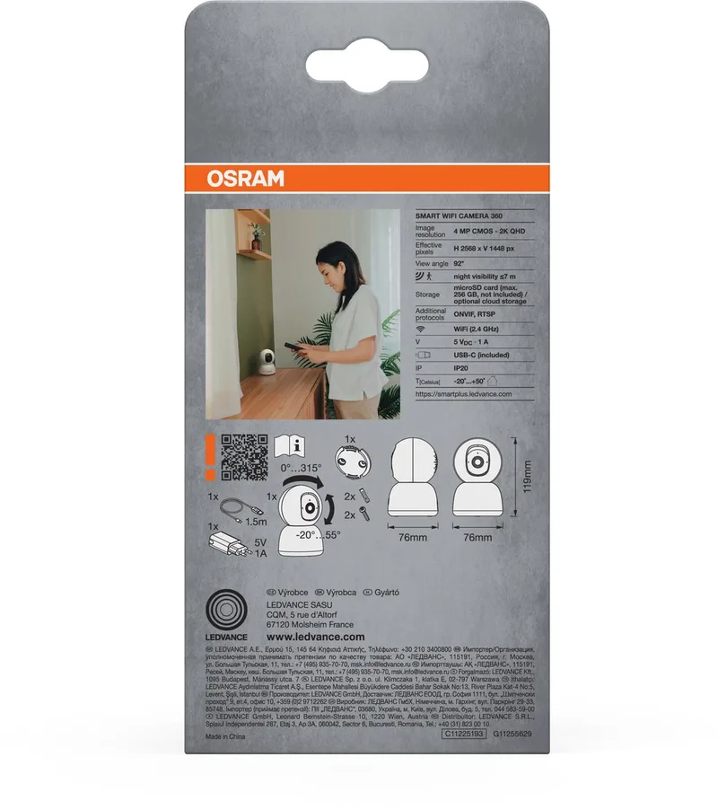 WiFi-camera 360° 4MP 2K QHD, pan-tilt, nachtzicht 7 m, tweerichtingsaudio, Alexa-compatibel by OSRAM SMART+ in White – product photo