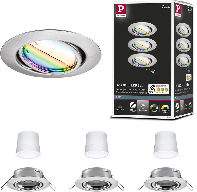 LED-inbouwlamp Smart Home Zigbee 3.0 Base Coin Basisset zwenkbaar rond 90 mm 20° Coin 3x4,9W 3x420lm 230V dimbaar RGBW+ fra Paulmann i Staal geborsteld – produktbillede