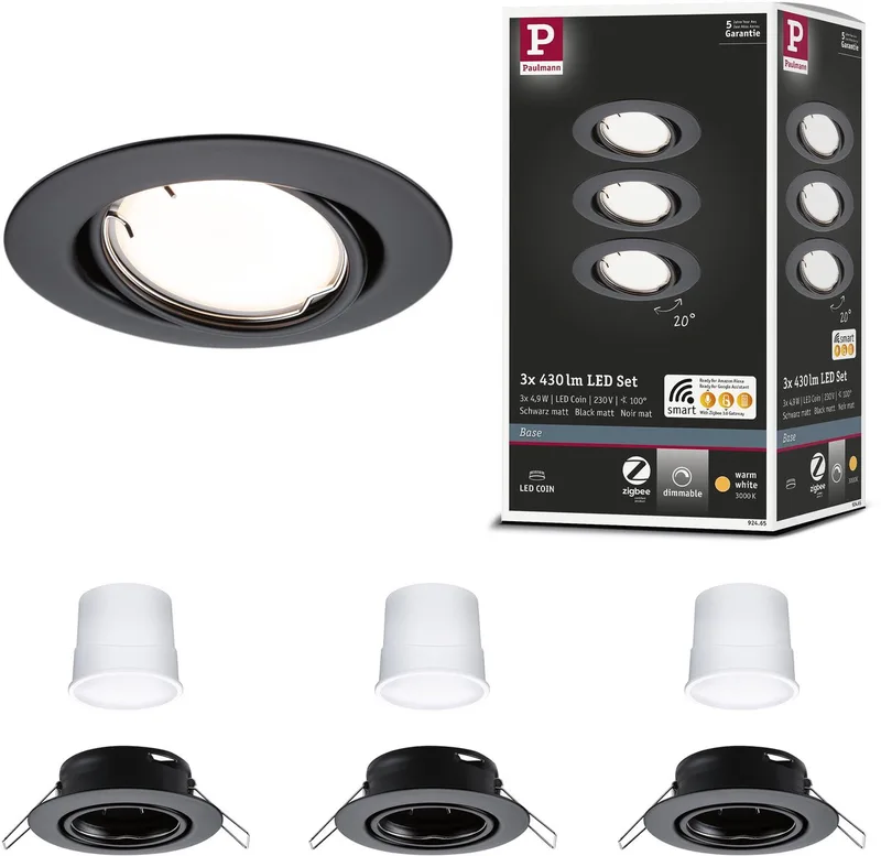 LED-inbouwlamp Smart Home Zigbee 3.0 Base Coin Basisset zwenkbaar rond 90 mm 20° Coin 3x4,9W 3x430lm 230V dimbaar 3000K fra Paulmann i Zwart mat – produktbillede