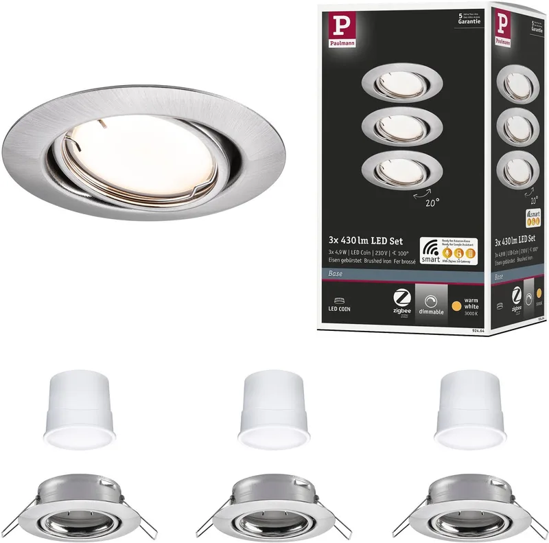 LED-inbouwlamp Smart Home Zigbee 3.0 Base Coin Basisset zwenkbaar rond 90 mm 20° Coin 3x4,9W 3x430lm 230V dimbaar 3000K fra Paulmann i Staal geborsteld – produktbillede