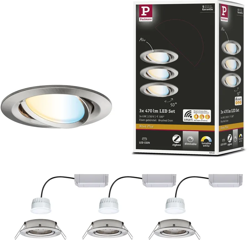 LED-inbouwlamp Smart Home Zigbee 3.0 Nova Plus Coin Basisset zwenkbaar rond 84mm 50° Coin 3x6W 3x470lm 230V dimbaar Tunable White by Paulmann in Staal geborsteld – product photo