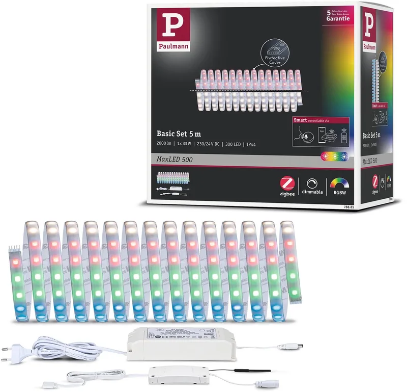 MaxLED 500 LED Strip Smart Home Zigbee 3.0 Basisset 5m RGBW gecoat 33W 400lm/m RGBW+ 80VA van Paulmann in Zilver – productfoto