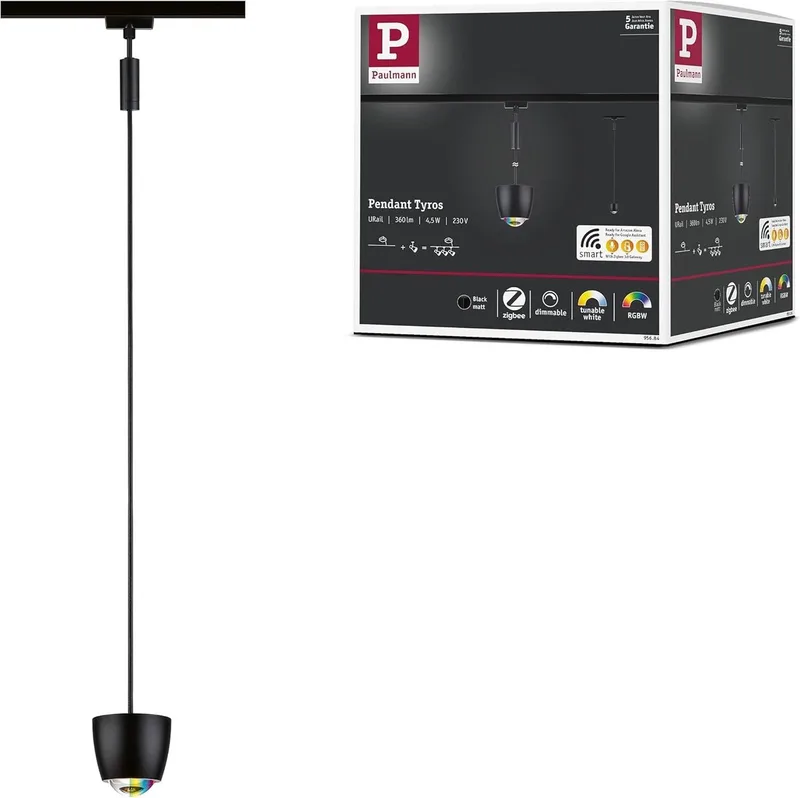 Paulmann 95684 URail Hanglamp Smart Home Zigbee 3.0 Tyros RGBW 200lm 4,5W RGBW+ Dimbaar 230V Matzwart by Paulmann – product photo