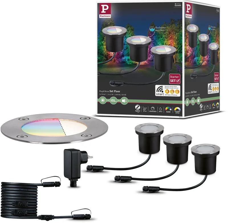 Plug & Shine LED-grondinbouwlamp Smart Home Zigbee 3.0 RGBW Basisset IP67 RGBW+ 3x3,7W fra Paulmann i Sølv – produktbillede