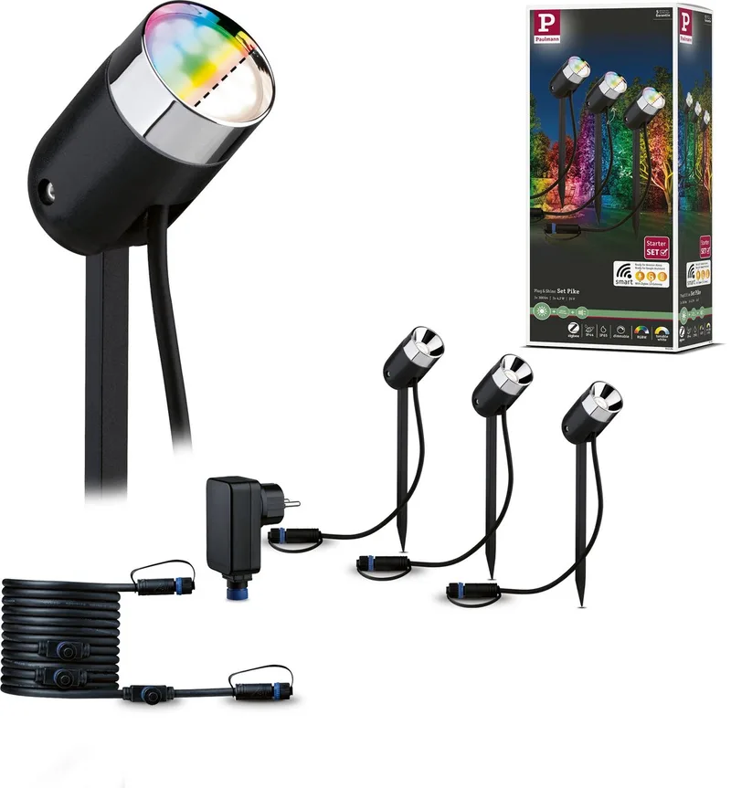 Plug & Shine LED-tuinspots Smart Home Zigbee 3.0 Pike Basisset IP65 RGBW+ 3x4,2W 21VA fra Paulmann i Antracit – produktbillede