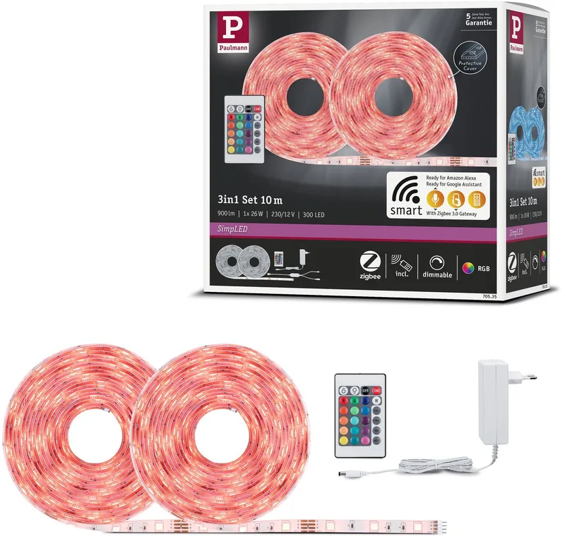 SimPLED LED Strip 10 Meter Smart Home Zigbee 3.0 RGB - Plug & Play Set - 26W - 90 lm/m - 30 LEDs/m - Gecoat - Voor Binnen by Paulmann in White – product photo