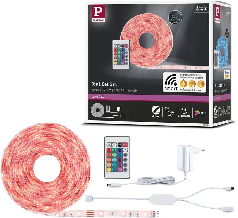 SimPLED LED Strip 5 Meter Smart Home Zigbee 3.0 RGB - Plug & Play Set - 20W - 90 lm/m - 30 LEDs/m - Gecoat - Voor Binnen van Paulmann in Wit – productfoto