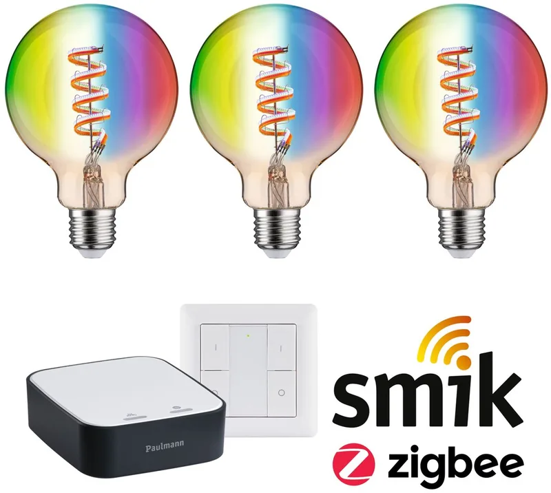 Zigbee 3.0 Smart Home Startset Smik Gateway + Wandschakelaar + 3x Filament Globe G95 LED Lamp E27 RGBW - 2200K-6500K - Dimbaar van Paulmann in Goud – productfoto