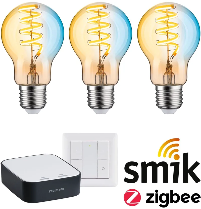 Zigbee 3.0 Smart Home Startset Smik Gateway + Wandschakelaar + 3x Filament LED Lamp E27 Tunable White - 2200K-5500K - Dimbaar van Paulmann in Goud – productfoto