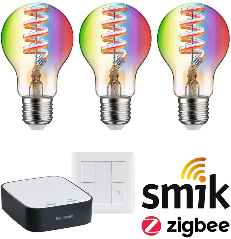 Zigbee 3.0 Smart Home Startset Smik Gateway + Wandschakelaar + 3x Filament LED Lamp E27 RGBW - 2200K-6500K - Dimbaar van Paulmann in Goud – productfoto