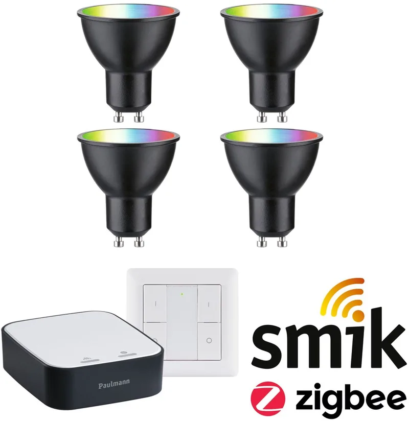 Zigbee 3.0 Smart Home Startset Smik Gateway + Wandschakelaar + 4x LED Reflector GU10 RGBW - 2200K-6500K - 350lm - Dimbaar van Paulmann in Zwart mat – productfoto