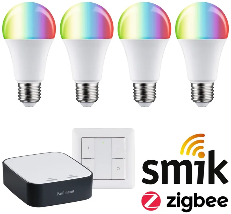 Zigbee 3.0 Smart Home Startset Smik Gateway + Wandschakelaar + 4x LED Gloeilamp E27 RGBW - 2200K-6500K - 1055lm - Dimbaar från Paulmann i Mat – produktbild