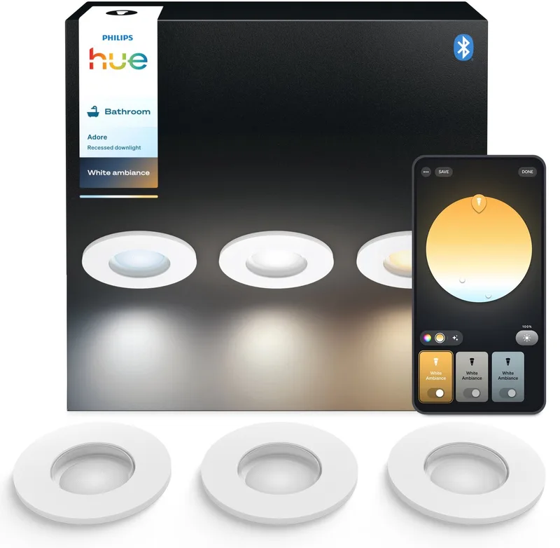 Adore - LED inbouwspot - badkamerverlichting - GU10 fitting - bevat 3 inbouwspots incl. lamp - aanpasbaar wit licht - wit - IP44: spatwaterdicht - Ø 930mm - slimme verlichting de Philips Hue en Blanc – photo produit