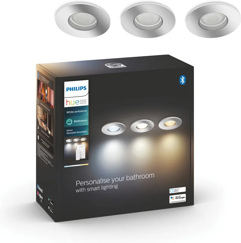 Adore - LED inbouwspot - badkamerverlichting - GU10 fitting - bevat 3 inbouwspots incl. lamp - aanpasbaar wit licht - chrome - IP44: spatwaterdicht - Ø 930mm - slimme verlichting fra Philips Hue i Krom – produktbillede