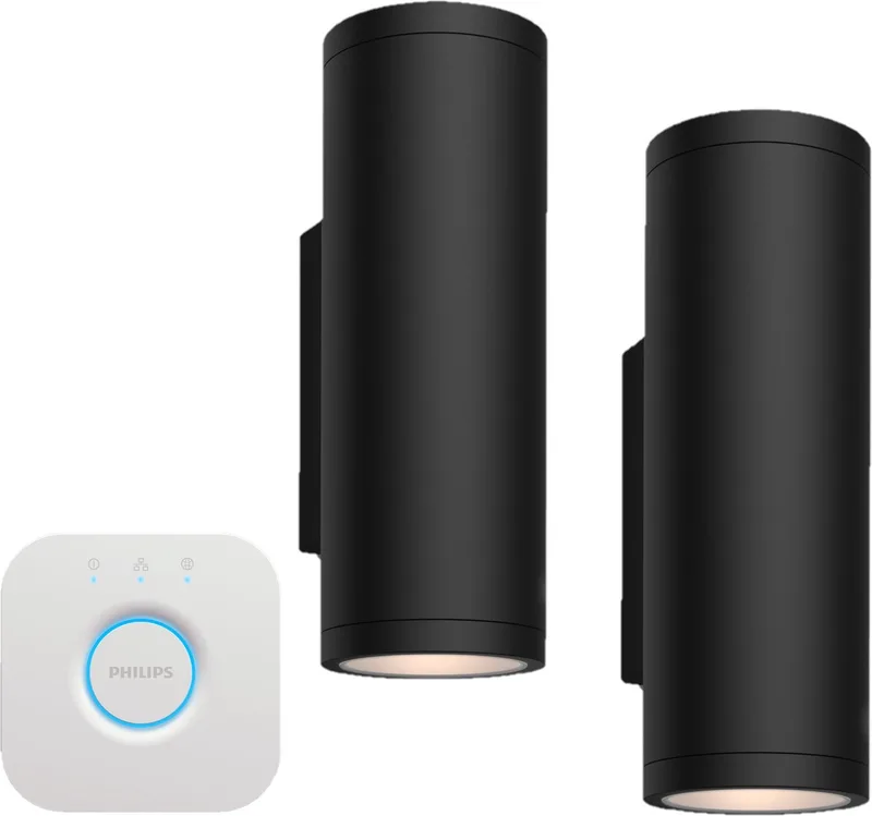 Appear Tuinlamp Wandlamp - 2 stuks Tuinlamp met een Bridge bundel - Incl. White and Color Ambiance - Muurlamp - Tuinverlichting LED Buiten - Buitenlamp - Zwart de Philips Hue en Blanc – photo produit