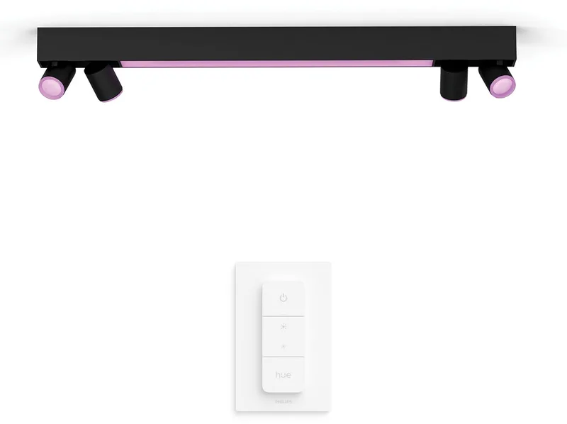 Centris Opbouwspot - Wit en Gekleurd Licht - Plafondspot met 4 Lichtpunten en LED balk - Incl. Hue Dimmer Switch - Hue White and Color Ambiance von Philips Hue in Schwarz – Produktfoto