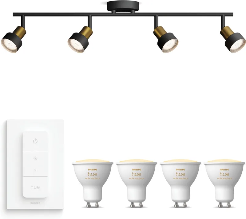 Conduit Opbouwspot - Warm tot Koelwit Licht - Incl. Hue Dimmer Switch - Plafondspot met 4 Lichtpunten - GU10 - Hue White Ambiance by Philips Hue in Black, Gold – product photo