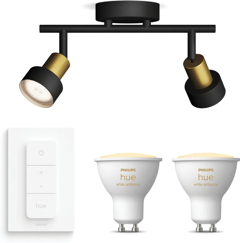 Conduit Opbouwspot - Warm tot Koelwit Licht - Incl. Hue Dimmer Switch - Plafondspot met 2 Lichtpunten - GU10 - Hue White Ambiance by Philips Hue in Black, Gold – product photo