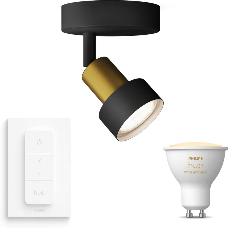 Conduit Opbouwspot - Warm tot Koelwit Licht - Incl. Hue Dimmer Switch - Wandspot of Plafondspot met 1 Lichtpunt - GU10 - Hue White Ambiance by Philips Hue in Black, Gold – product photo