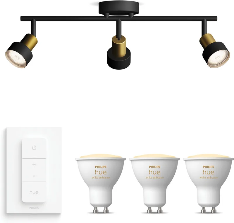 Conduit Opbouwspot - Warm tot Koelwit Licht - Incl. Hue Dimmer Switch - Plafondspot met 3 Lichtpunten - GU10 - Hue White Ambiance by Philips Hue in Black, Gold – product photo