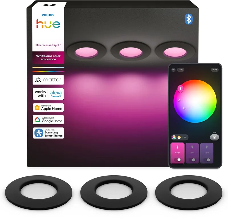 dunne LED inbouwspot - badkamerverlichting - GU10 fitting - bevat 3 inbouwspots - aanpasbaar wit en gekleurd licht - IP44: spatwaterdicht - Ø: 90mm - slimme verlichting de Philips Hue en Noir – photo produit 1 sur 2