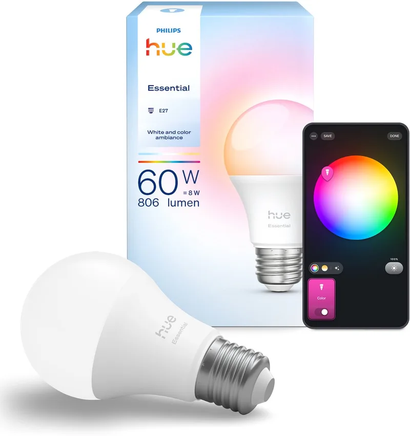 Essential LED lamp - E27 fitting - bevat 1 lamp - aanpasbaar wit en gekleurd licht - standaard lampvorm - slimme verlichting by Philips Hue – product photo 1 of 5