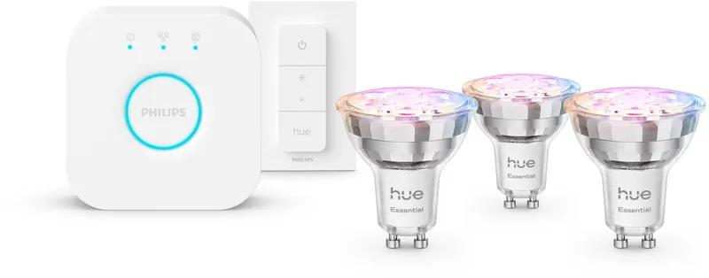 Essential starterkit - E27 fitting - bevat 1 Hue Bridge, 3 spots, draadloze schakelaar - aanpasbaar en gekleurd licht - standaard lampvorm - slimme verlichting van Philips Hue in Wit – productfoto