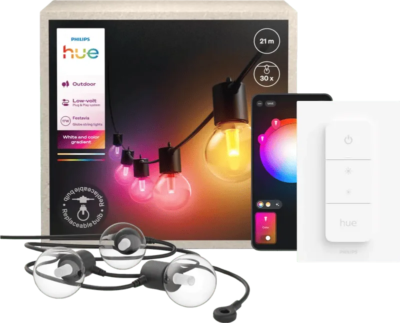 Festavia Outdoor Lichtslinger - 21 meter - 30 lampen + Dimmer van Philips Hue – productfoto