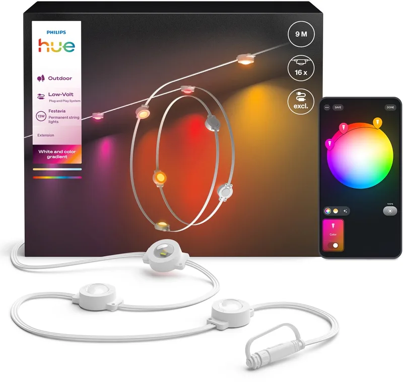 Festavia permanent Uitbreiding - Witte snoer 9m met 16 lampen - en gekleurd licht met kleurverloop - Tot 50 lumen per lamp de Philips Hue en Blanc – photo produit