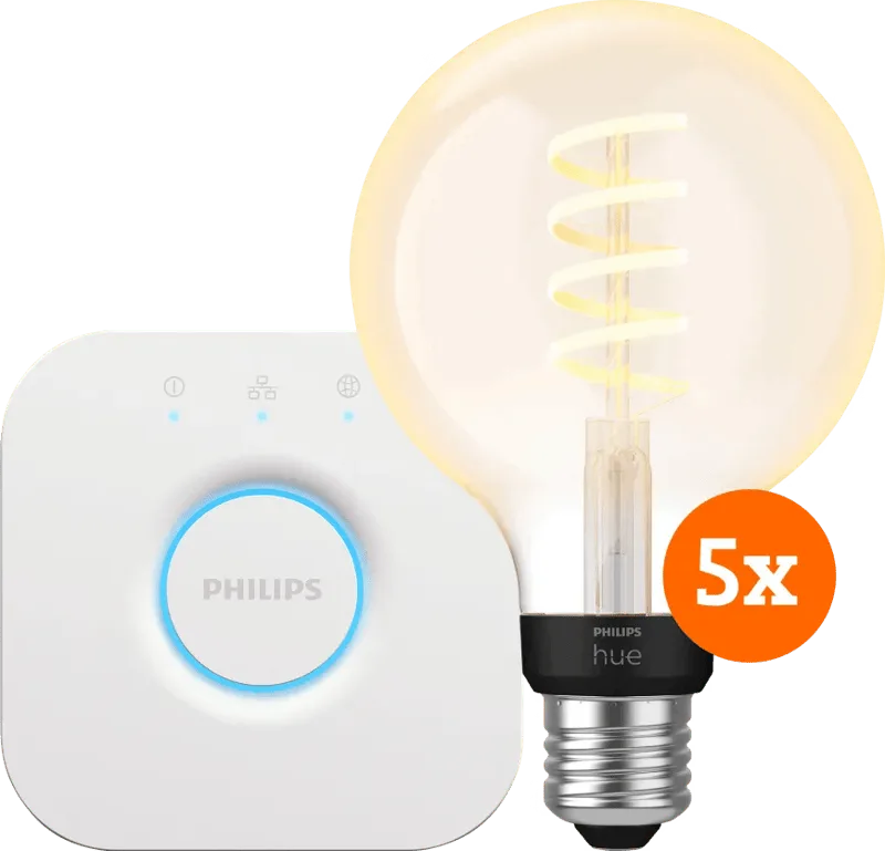 Filament White Ambiance Globe 5-Pack + Bridge von Philips Hue – Produktfoto