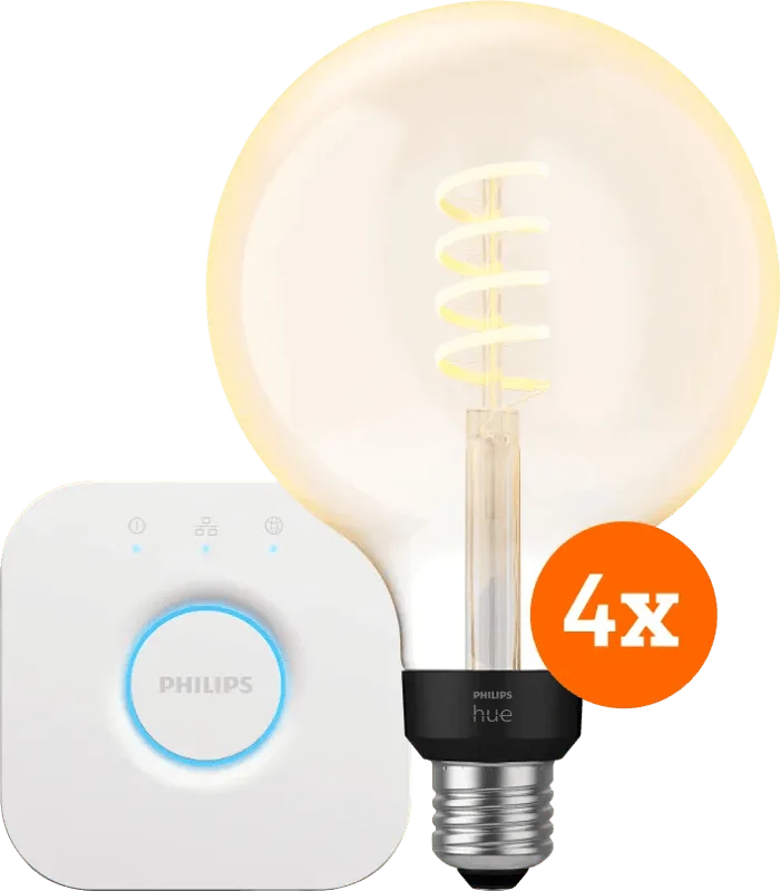 Filament White Ambiance Globe XL 4-Pack + Bridge de Philips Hue – photo produit