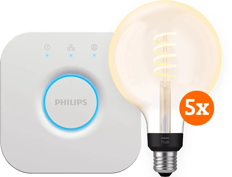 Filament White Ambiance Globe XL 5-Pack + Bridge från Philips Hue – produktbild
