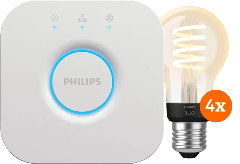 Filament White Ambiance Standaard 4-Pack + Bridge van Philips Hue – productfoto