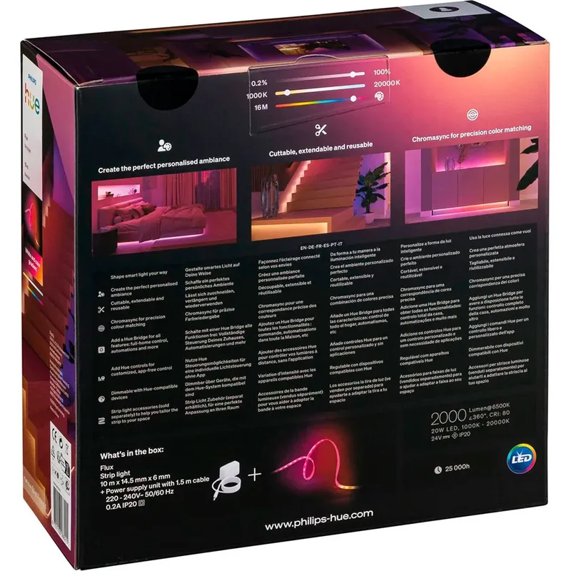Flux LED strip 10 m, Chromasync™ - technologie. Gekleurd en helder, natuurlijk licht - 2000 lumen van Philips Hue in Wit – productfoto 2 van 3