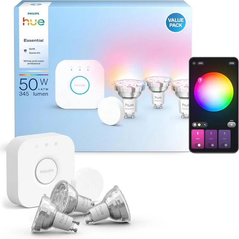 GU10 Essential Kit: Bridge + 3 Essential GU10 smarte Lampen Starterset Smart-Home Starter-Set de Philips Hue – photo produit
