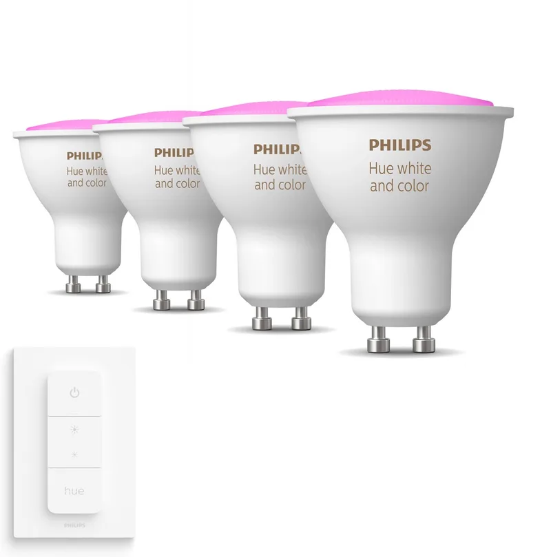 GU10 spot bundel 4 stuks - 350 Lumen - wit en gekleurd licht - 5,7W - Bluetooth - 1 Dimmer Switch - Dimbaar de Philips Hue – photo produit