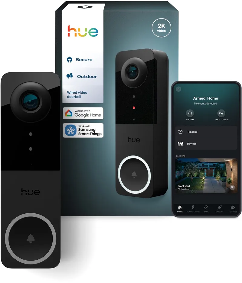Hue Secure bedrade videodeurbel 2K-video en tweerichtingsaudio, Werkt met Philips Hue lampen, Dag- en nachtvisie, Vereist een 12-24 VAC - min 10 VA transformator (niet inbegrepen) van Philips Hue in Zwart – productfoto