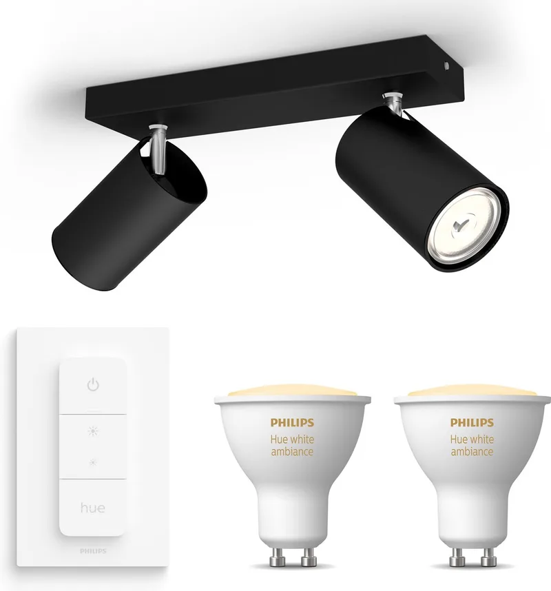 Kosipo Opbouwspot - Warm tot Koelwit Licht - Incl. Hue Dimmer Switch - Plafondspot met 2 Lichtpunten - GU10 - Hue White Ambiance by Philips Hue in Black – product photo
