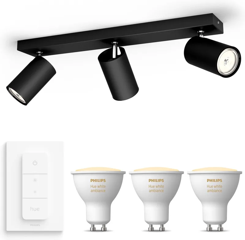 Kosipo Opbouwspot - Warm tot Koelwit Licht - Incl. Hue Dimmer Switch - Plafondspot met 3 Lichtpunten - GU10 - Hue White Ambiance by Philips Hue in Black – product photo