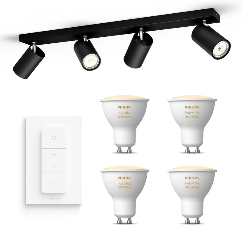 Kosipo Opbouwspot - Warm tot Koelwit Licht - Incl. Hue Dimmer Switch - Plafondspot met 4 Lichtpunten - GU10 - Hue White Ambiance by Philips Hue in Black – product photo