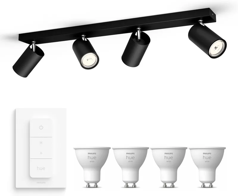 Kosipo Opbouwspot - Warmwit Licht - Incl. Hue Dimmer Switch - Plafondspot met 4 Lichtpunten - GU10 - Hue White by Philips Hue in Black – product photo