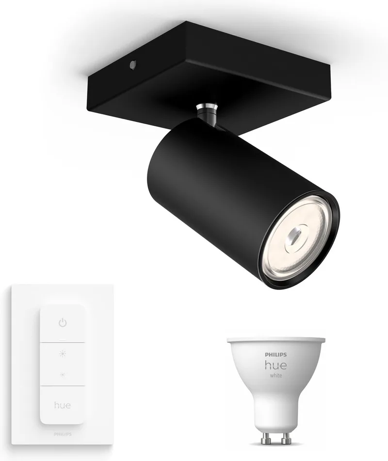 Kosipo Opbouwspot - Warmwit Licht - Incl. Hue Dimmer Switch - Wandspot of Plafondspot met 1 Lichtpunt - GU10 - Hue White by Philips Hue in Black – product photo