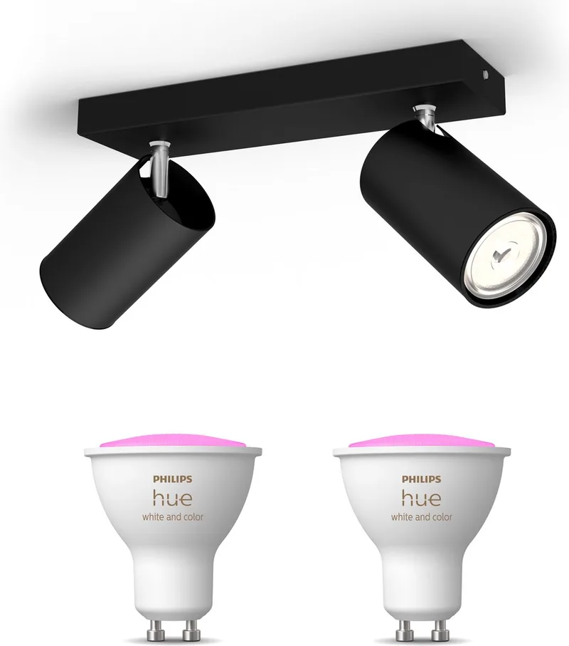 Kosipo Opbouwspot - Wit en Gekleurd Licht - Plafondspot met 2 Lichtpunten - GU10 - Hue White and Color Ambiance de Philips Hue en Noir – photo produit