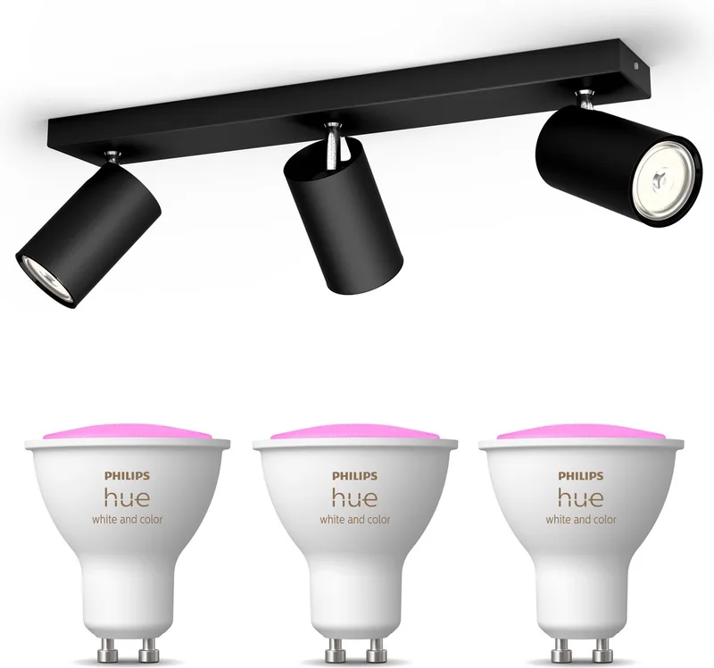 Kosipo Opbouwspot - Wit en Gekleurd Licht - Plafondspot met 3 Lichtpunten - GU10 - Hue White and Color Ambiance de Philips Hue en Noir – photo produit