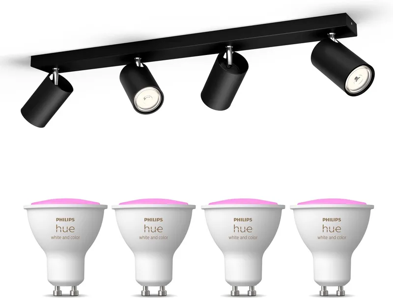 Kosipo Opbouwspot - Wit en Gekleurd Licht - Plafondspot met 4 Lichtpunten - GU10 - Hue White and Color Ambiance de Philips Hue en Noir – photo produit