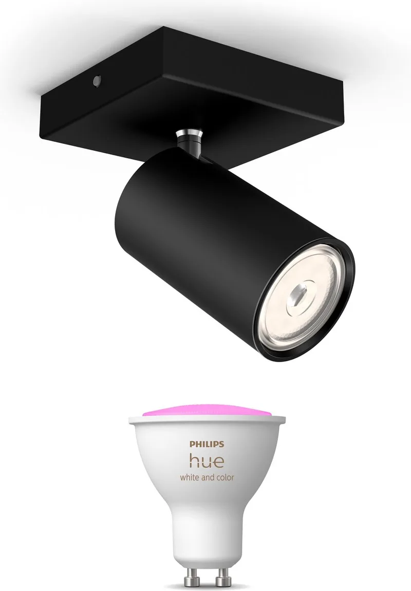 Kosipo Opbouwspot - Wit en Gekleurd Licht - Wandspot of Plafondspot met 1 Lichtpunt - GU10 - Hue White and Color Ambiance de Philips Hue en Noir – photo produit