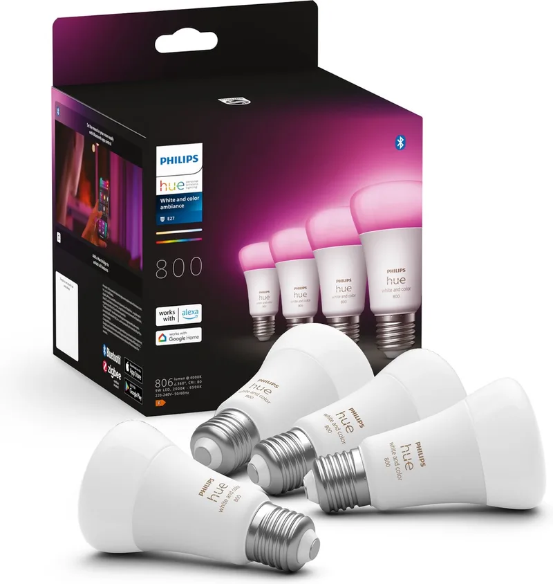 lampen - wit en gekleurd licht - LED - E27 - 6,5W - 806 Lumen - 4 stuks de Philips Hue – photo produit